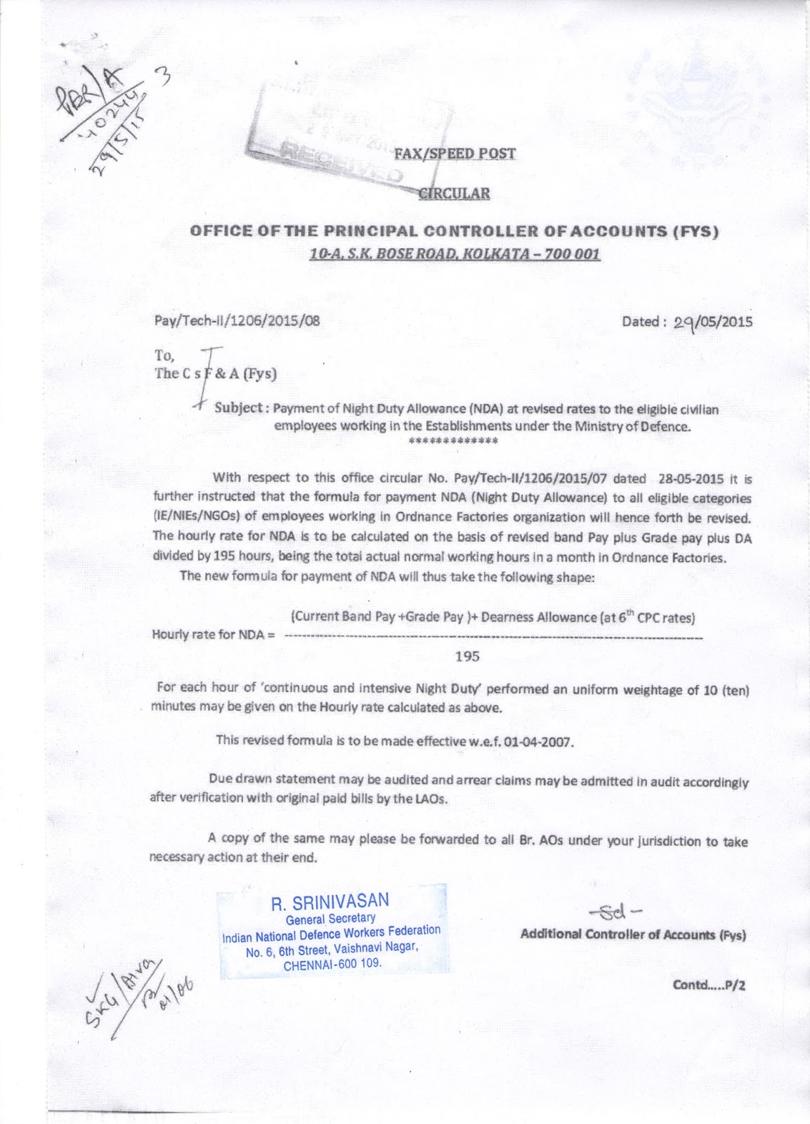 Formula for Calculation of Night Duty Allowance Revised rates to the