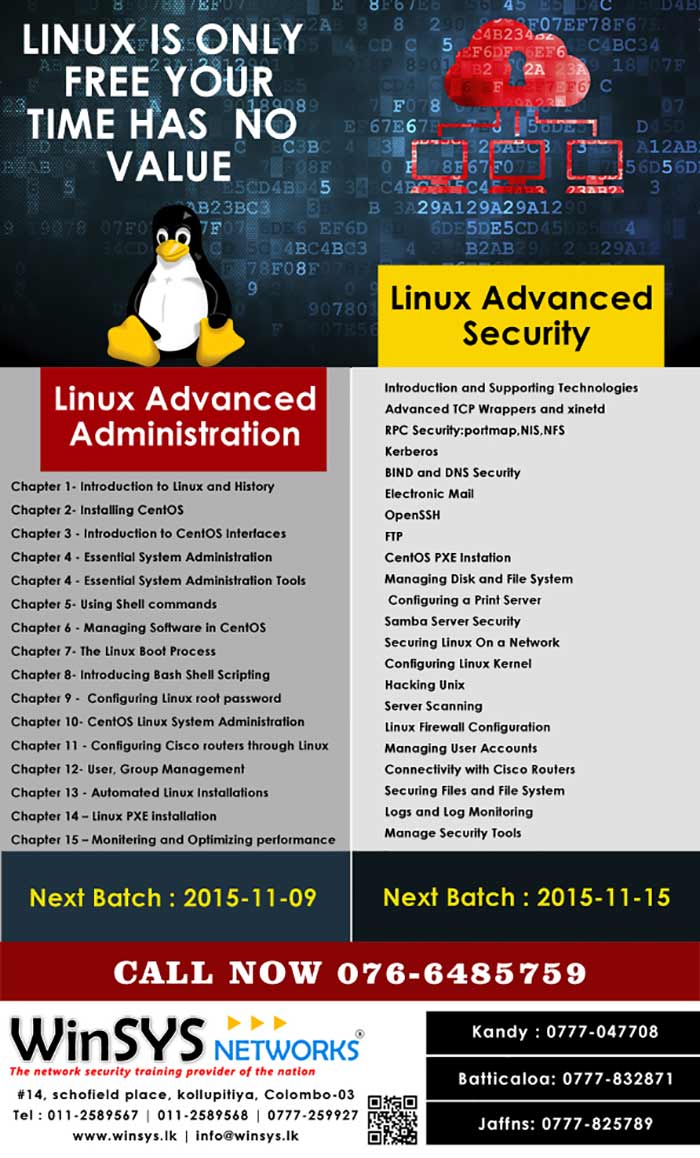 WinSYS Networks (Pvt) Ltd. was established in May 2003 with the prime intention of providing Hi Tech training and Consulting for corporate sector. In short period of time we have built reputation as a professional organization of very high integrity. Today WinSYS Networks, has become a premier training & consultancy company for networking, network security, & internet technologies in Sri Lanka, Human resources of WinSYS Networks include senior network consultants, business consultants, network security experts, project managers, system analysts and professional trainers. WinSYS Networks is divided in to two major divisions