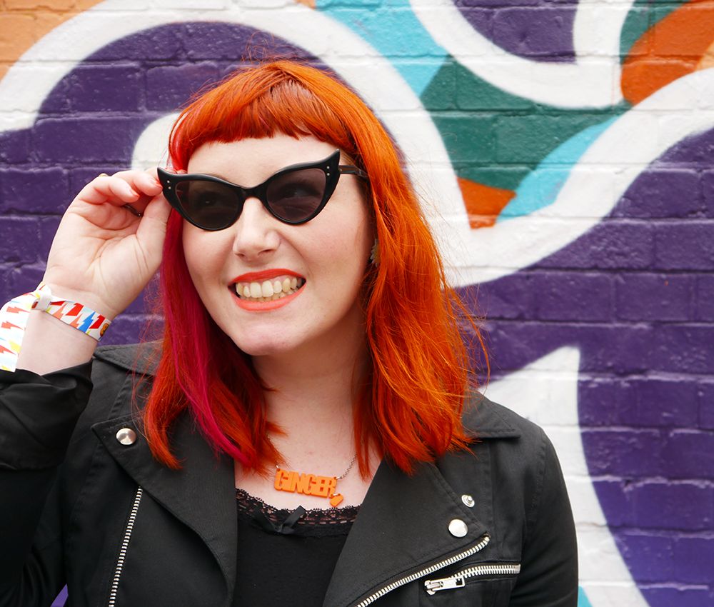 Wingtip Sunglasses Monki, #monkistyle, Lynnie Zulu, Bonnie Bling, Claire Barclay, Duo boots, H&M, London style, Scottish blogger, visiting London, graffiti art, styled by Helen, ginger, vintage sunglasses, ginger necklace