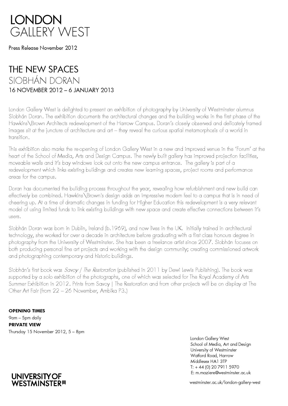 Siobhán Doran Photography The New Spaces Exhibition Press Release