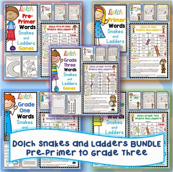 Dolch Words Snakes and Ladders Games BUNDLE: Pre-Primer, Primer, Grade One, Grade Two & Grade Three: all five sets  6 games to help revise all Dolch words plus an editable file 