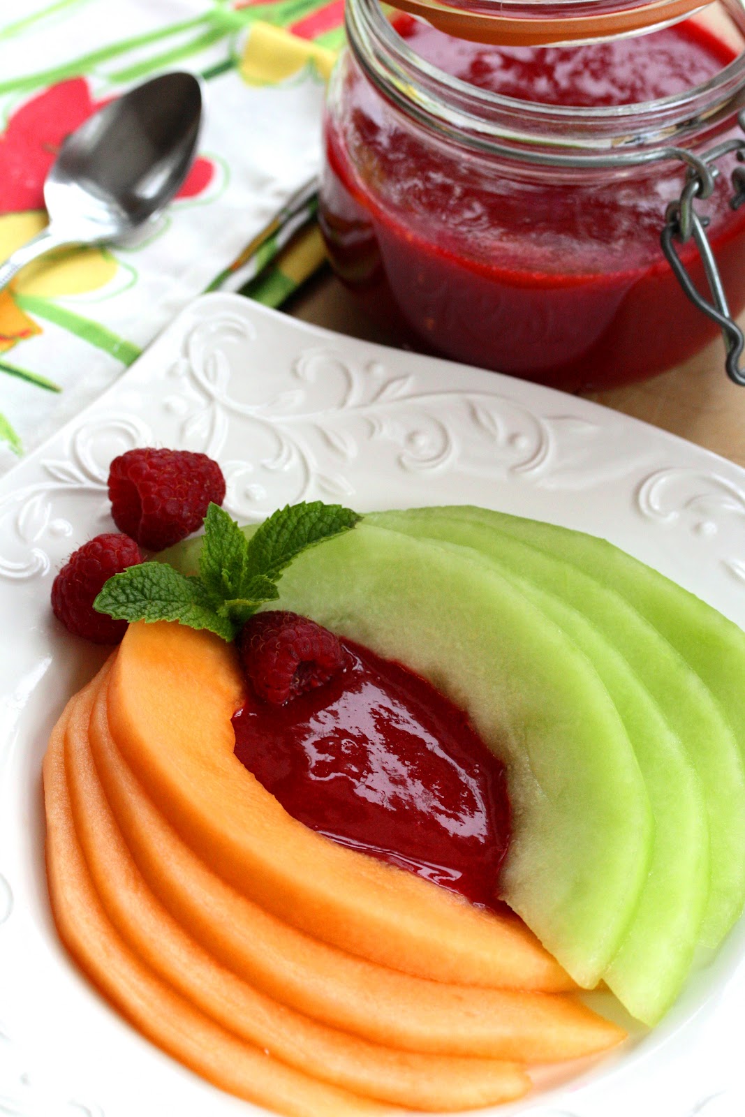 Fresh melon & raspberry sauce Saving Room for Dessert