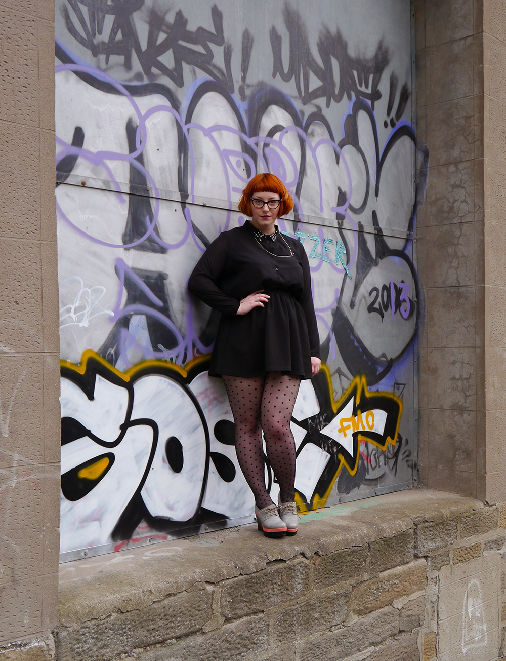 Polka Dot Tights Lady Muck, Lady Muck of Whitstable, laser cut jewellery, metal jewellery, seagull necklcae. H&M shirt, jewelled collar, black skirt, polka dot tights, wedge shoes, Scottish blogger, red head, ginger bob, micro bob