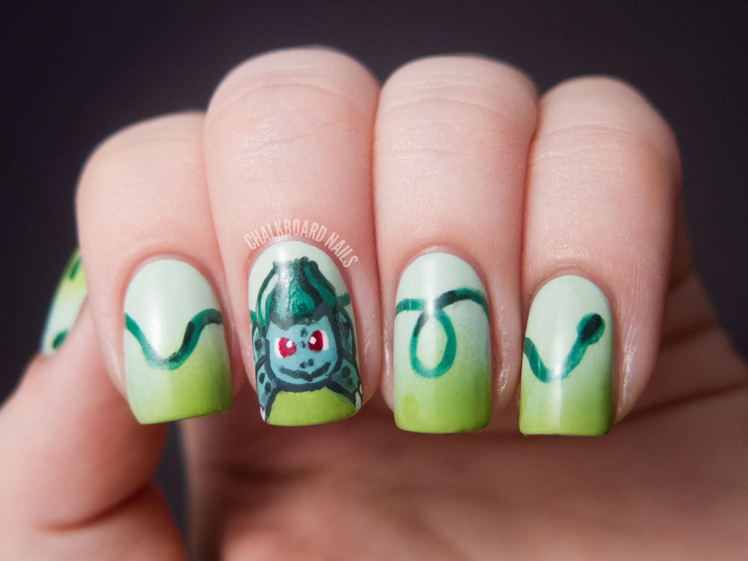 31DC2012 Day 04, Green Nails (BULBASAUR!) Chalkboard Nails Nail