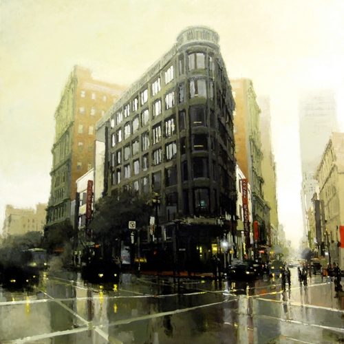 04-Market-St-Morning-in-Green-Jeremy-Mann-Figurative-Painting-in-Cityscapes-Oil-Paintings-www-designstack-co