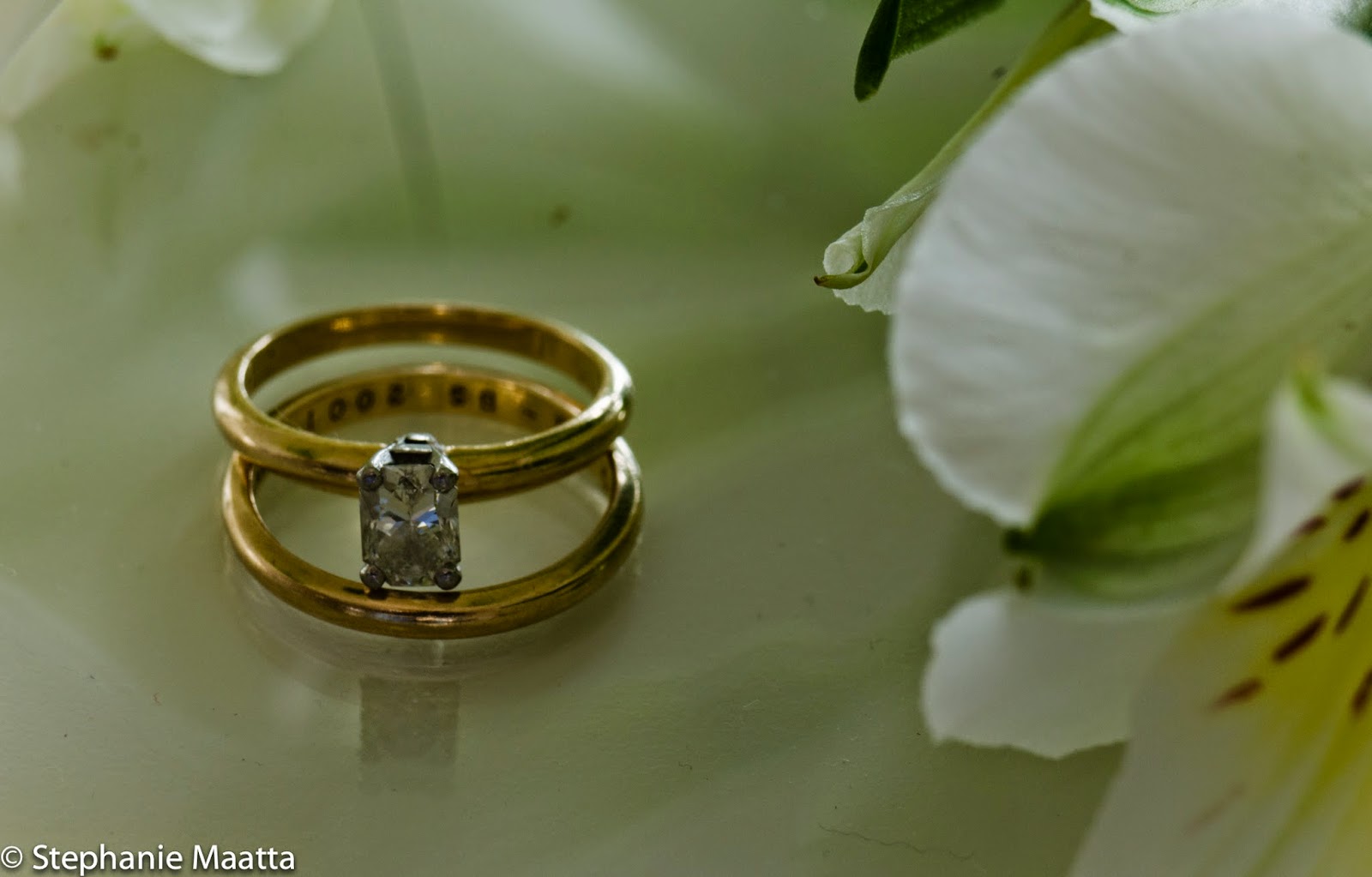 I Do in White, copyright 2014, Stephanie Maatta Smith image of wedding and engagement rings with white flowers