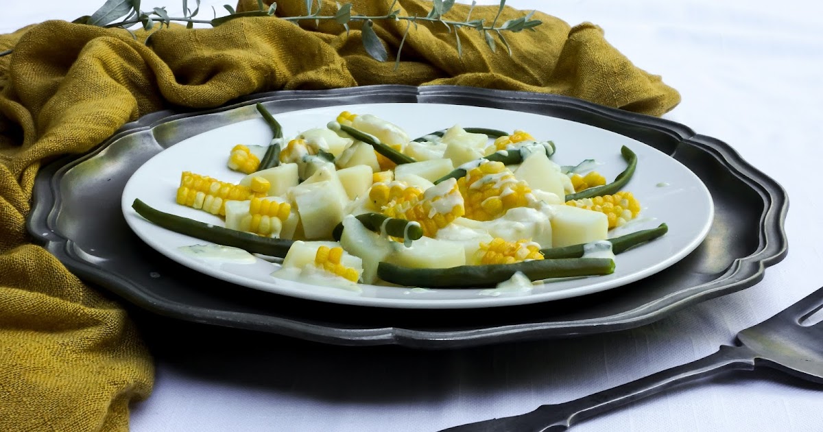 Potato, corn and green bean salad with tahini dressing Tera Solara