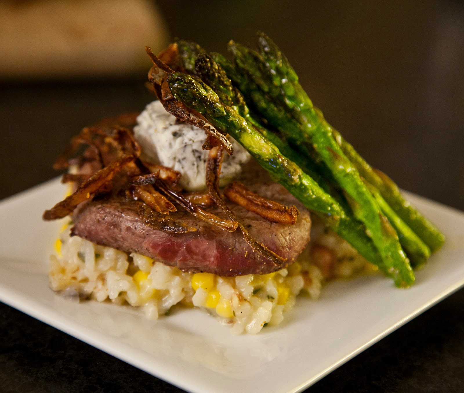 FoodSAZm Corn & Bacon Risotto with Tri Tip Steaks