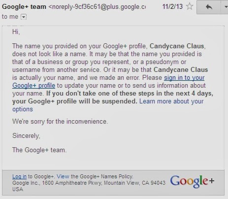 Letter showing that Google doesn't believe Santa Claus is real. Boo.