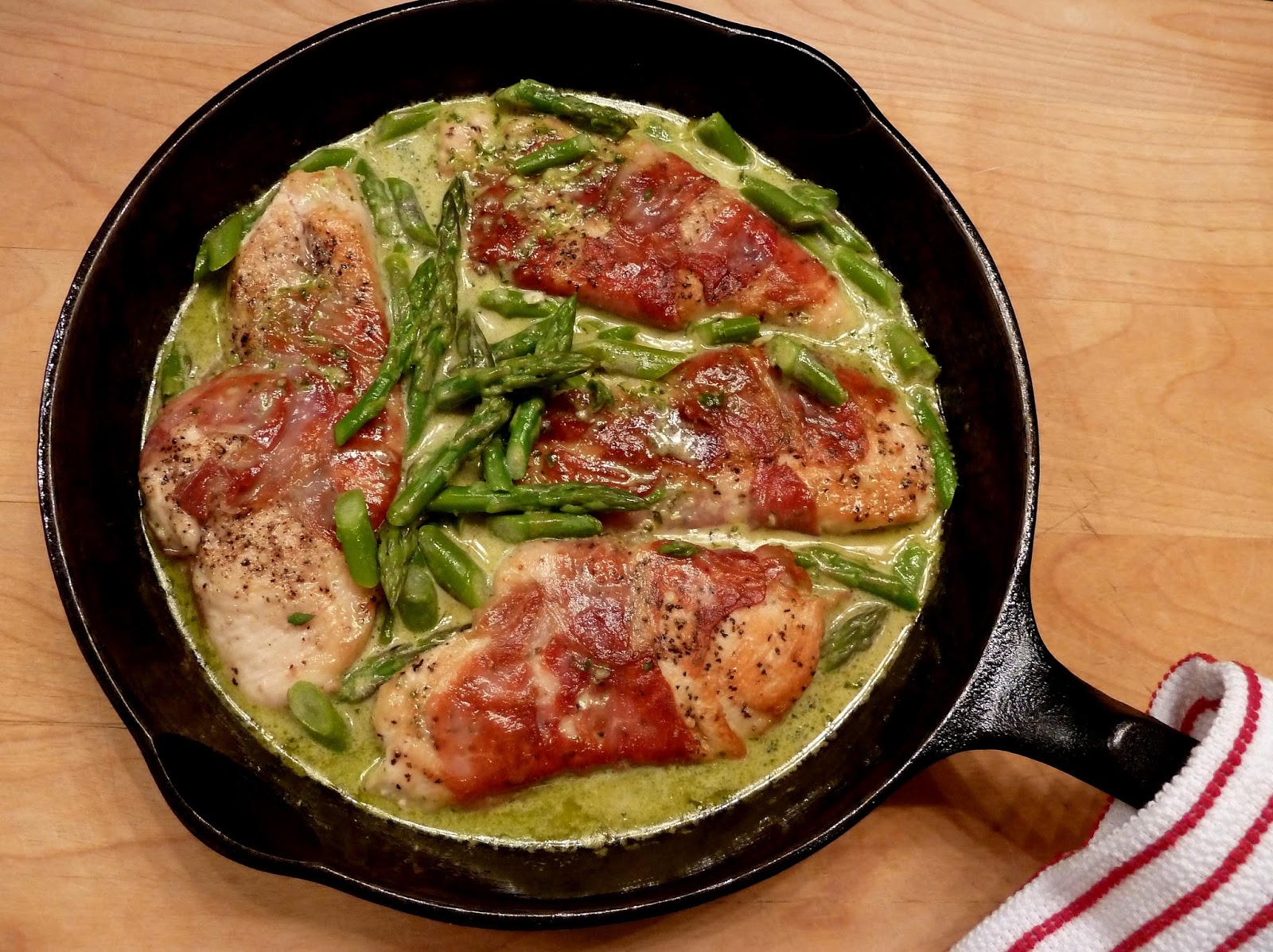 Cracked Pepper ProsciuttoWrapped Chicken with Asparagus Pesto Sauce