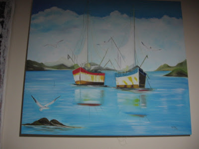 quadro a óleo paisagem com barcos
