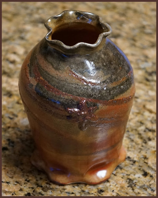 Beautiful wheelthrown and altered marbled ceramic vase in Carbon Trap Shino, by Lily L.