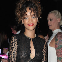 Rihanna see through dress without bra and panties at New Year’s Eve party in Miami Beach nipple and nip ring visible UHQ