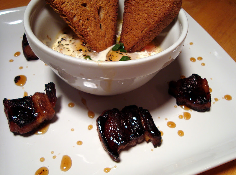 A Couple in the Kitchen Glazed Pork Belly with Baked Eggs Breakfast
