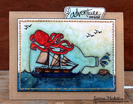 Kraken & ship in a bottle card by Larissa Heskett | Message in a Bottle Stamp set by Newton's Nook Designs