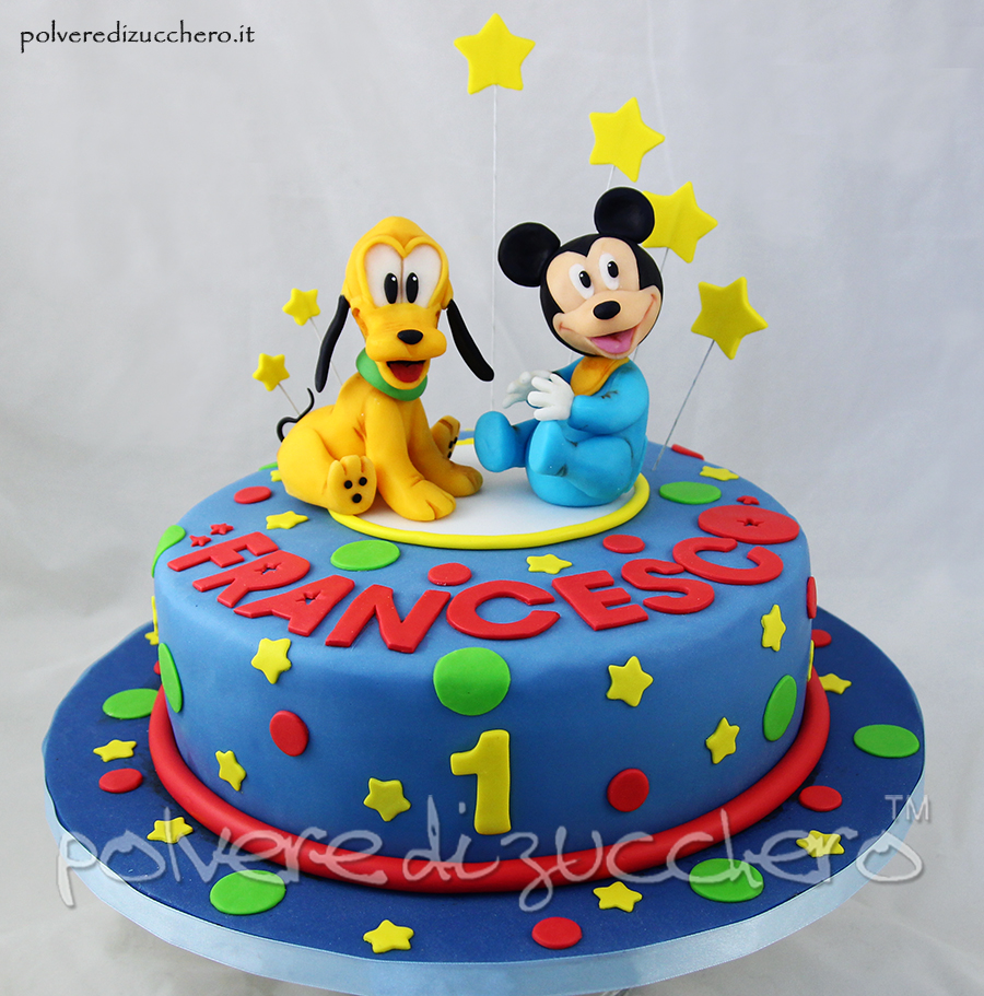 Torta decorata per un 1°compleanno con baby Topolino e baby Pluto Disney in pasta di zucchero