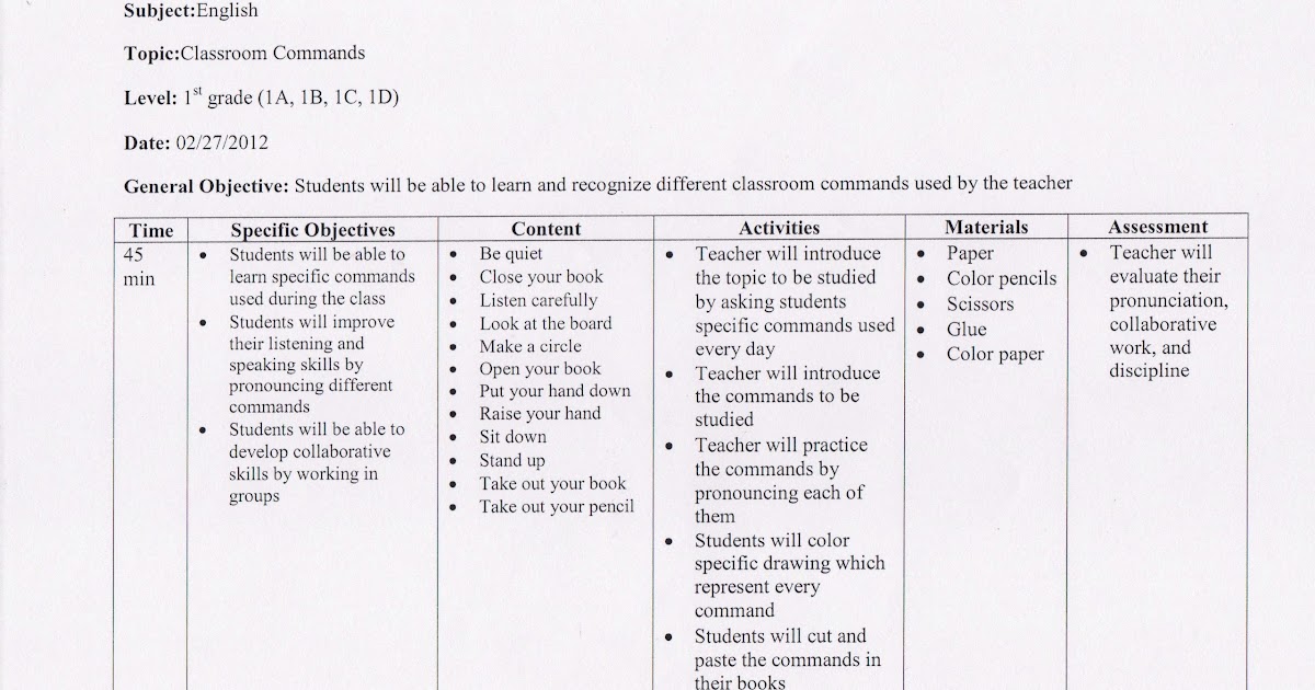My Professional Practice Lesson Plan/Classroom Commands