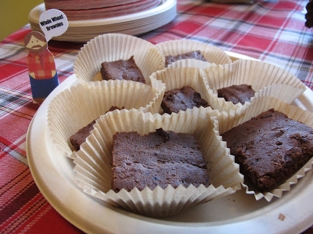 A lumberjack party isn't complete without lots of desserts! This party had s'more cupcakes, pumpkin cupcakes, cake, and whole wheat brownies. Yum!