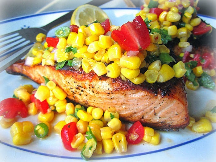 August Cooking Grilled Salmon w/ Corn Salad