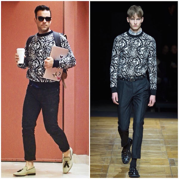 Robbie Williams wears Dior Homme by Kris Van Assche Fall Winter 2014 circular patterned black white sweater at Beverly Hills 4th November 2014