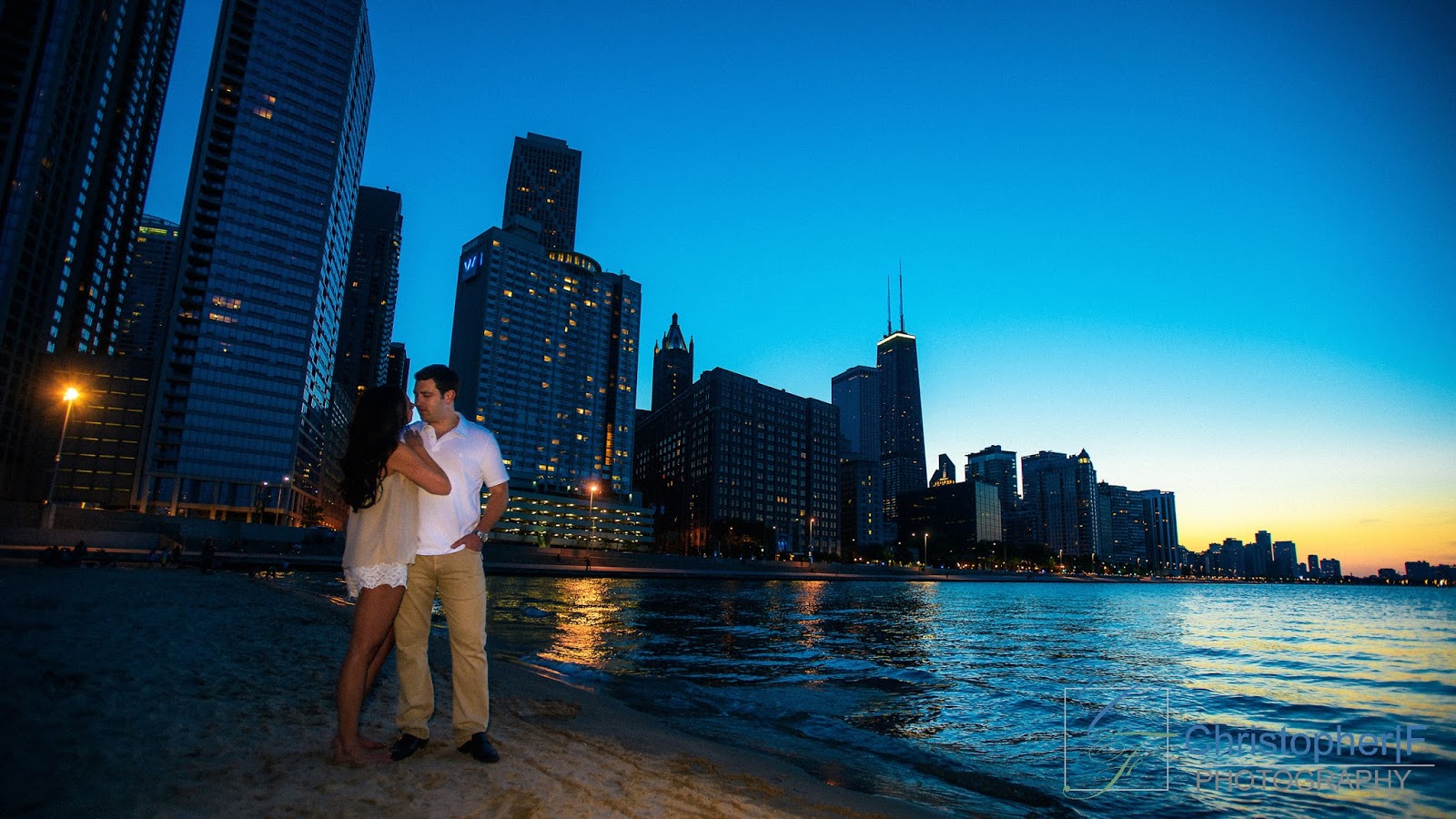 Chicago Skyline Sunset Engagement Photo