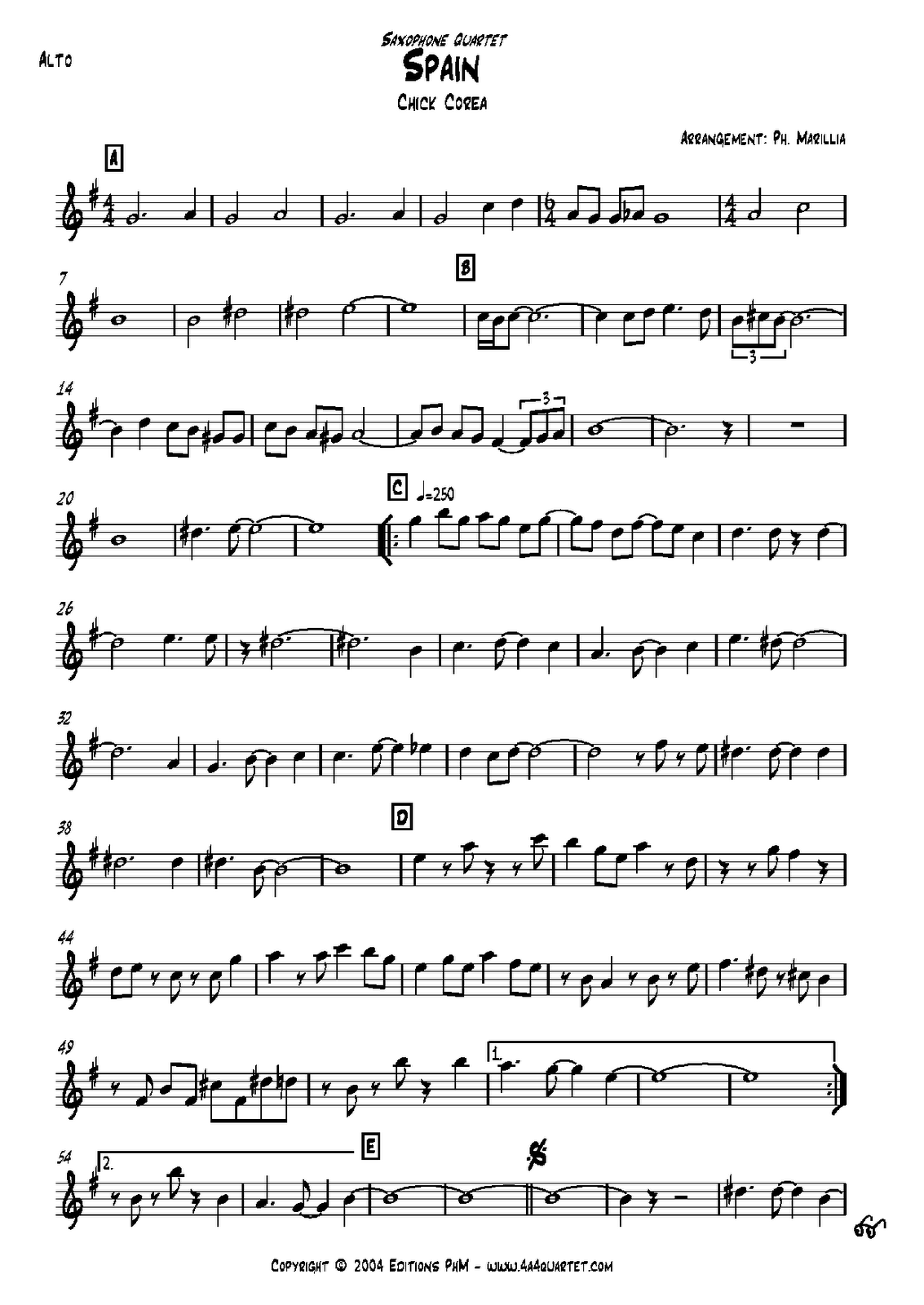 Partitura del tema "Spain" para cuarteto de saxo Partituras y pistas