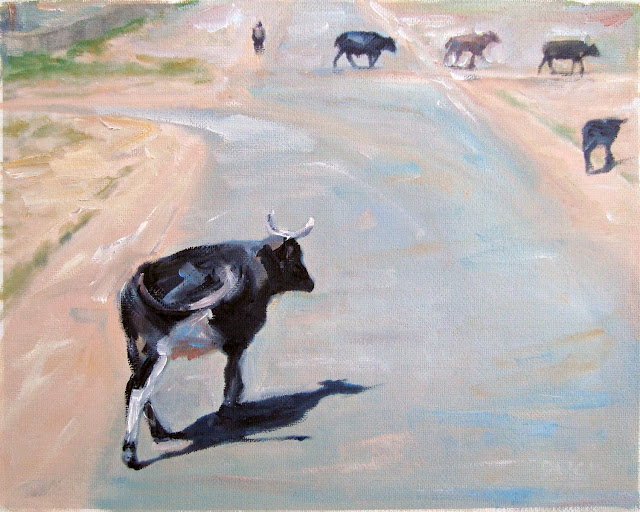 cows roam freely on the road near Swaziland, painting from Google Street Views