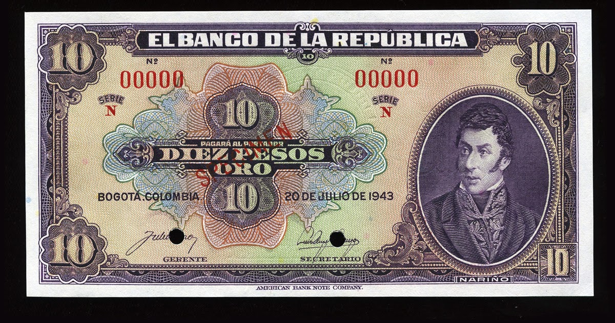 Currency of Colombia 10 Pesos Oro Banknote of 1943 Currency of Colombia 10 Pesos Oro Banknote of 1943