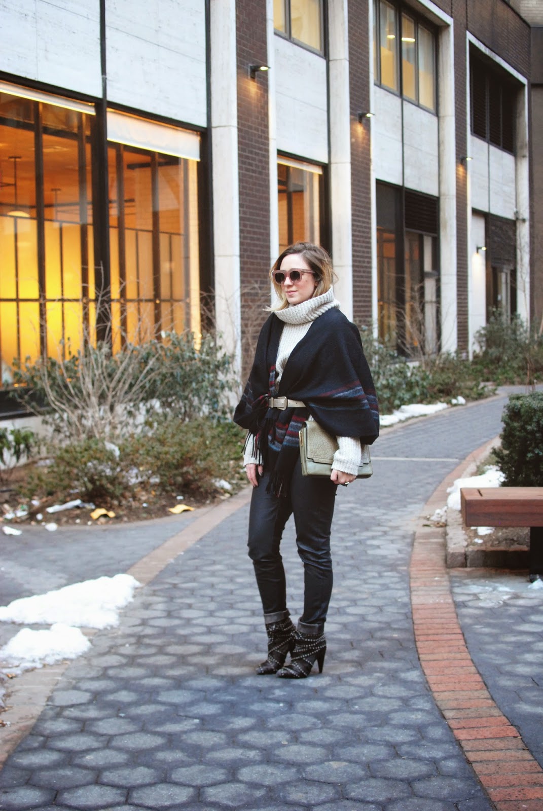cape, fringe, sweater, poncho, leather, pants, isabel marant boots, outfit, style, celine sunglasses, green bag