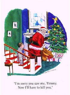 santa delivering presents seen by child funny cartoon