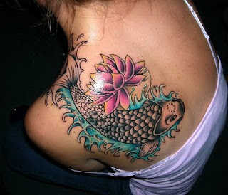 Japanese Koi Fish and Flower Tattoo on Girls Shoulder