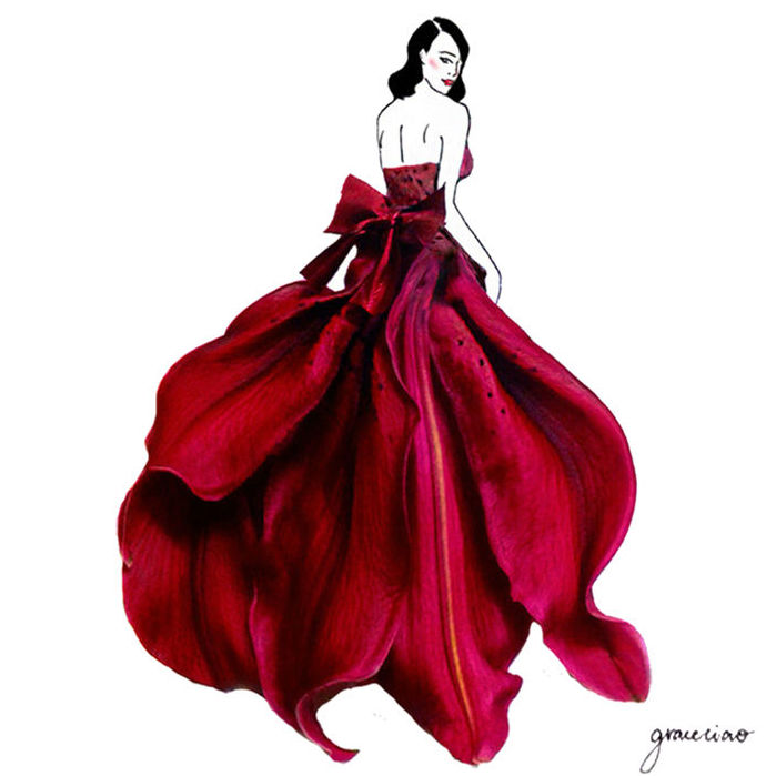 fashion illustration made of flower petals by Grace Ciao
