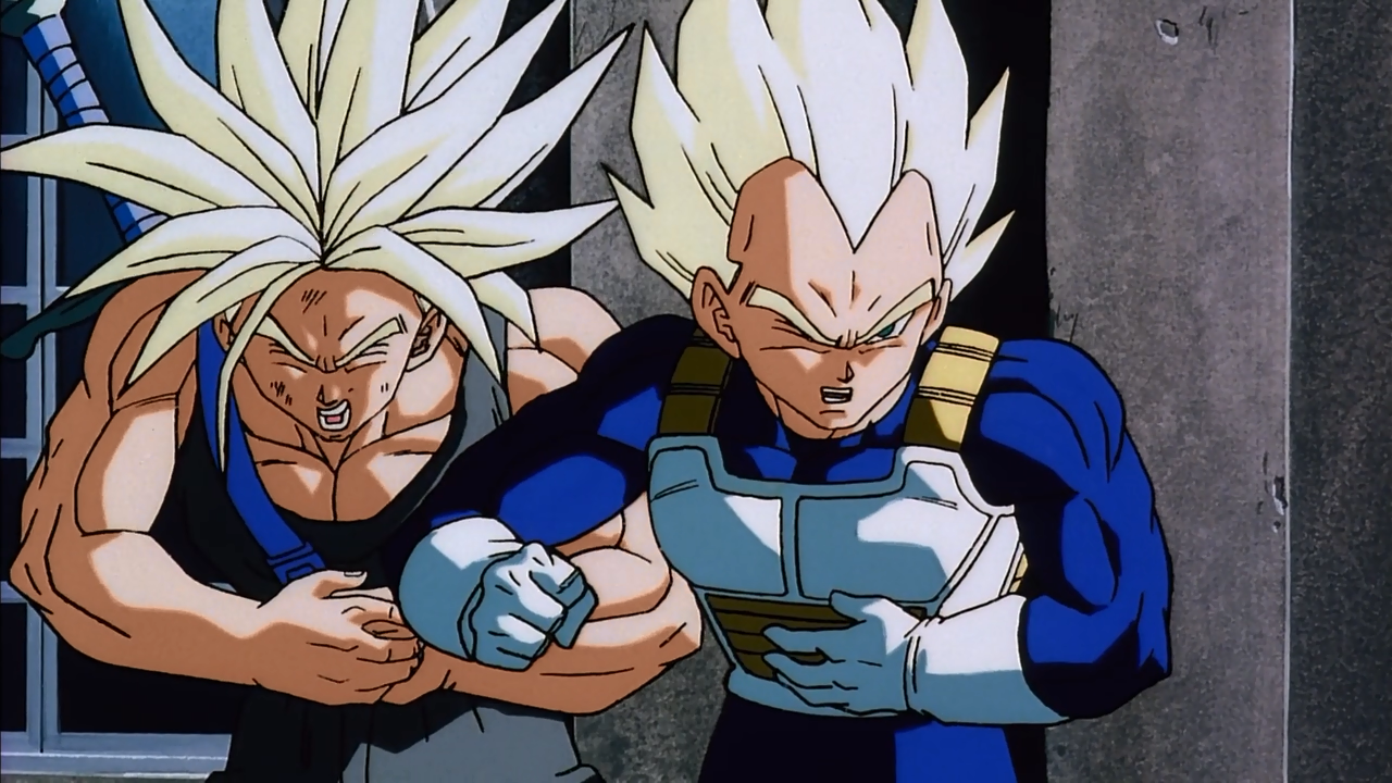 Trunks tries to talk sense into Vegeta and gets an elbow for his trouble. 