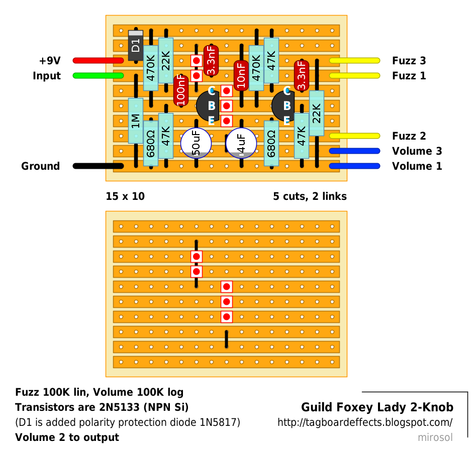 Guitar FX Layouts: EHX Axis / Guild Foxey Lady 2-knob