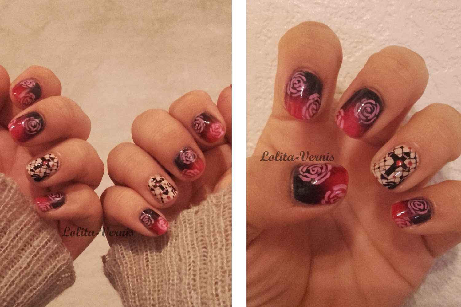 Pour cette déco, j\u0027ai donc fait un dégradé noir et rouge sur mes ongles, excepté sur l\u0027annulaire où j\u0027ai appliqué un vernis beige.