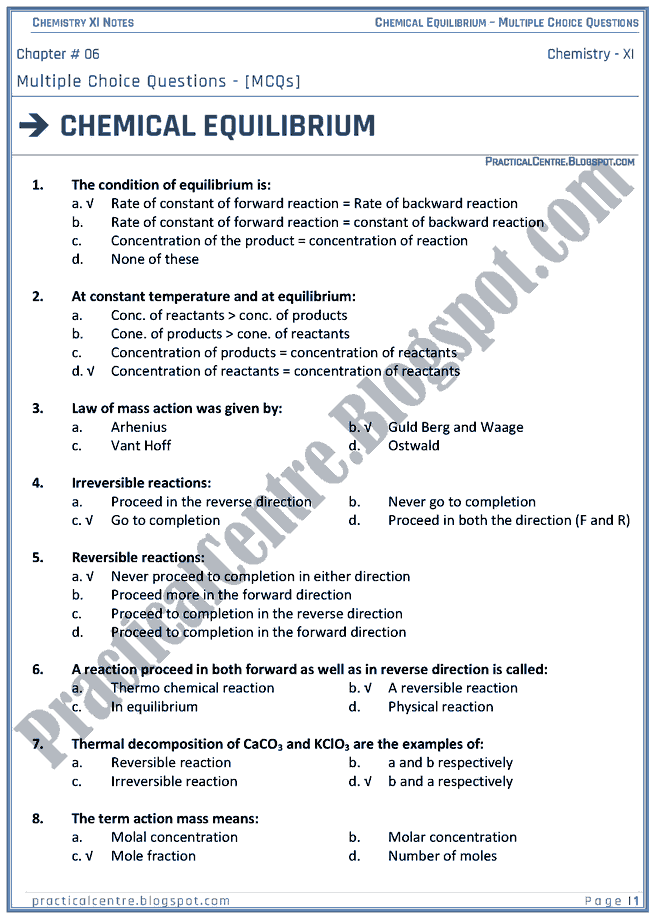 chemical equilibrium test questions and answers