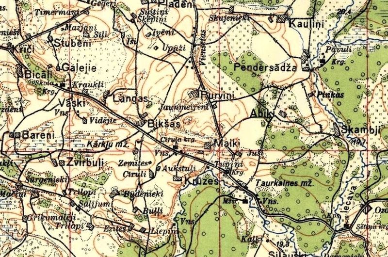 1930. gada karte, kur pa vidu mana māja ,,Purviņi'' (laikam no 1941. gada ,,Līgotāji'')