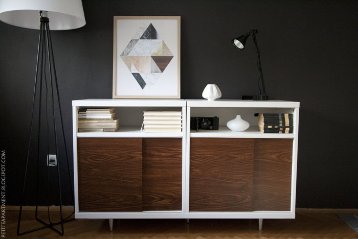 Mid century modern cabinet in dark wall living room hack from Ikea Besta shelf unit with astorp lamp stand