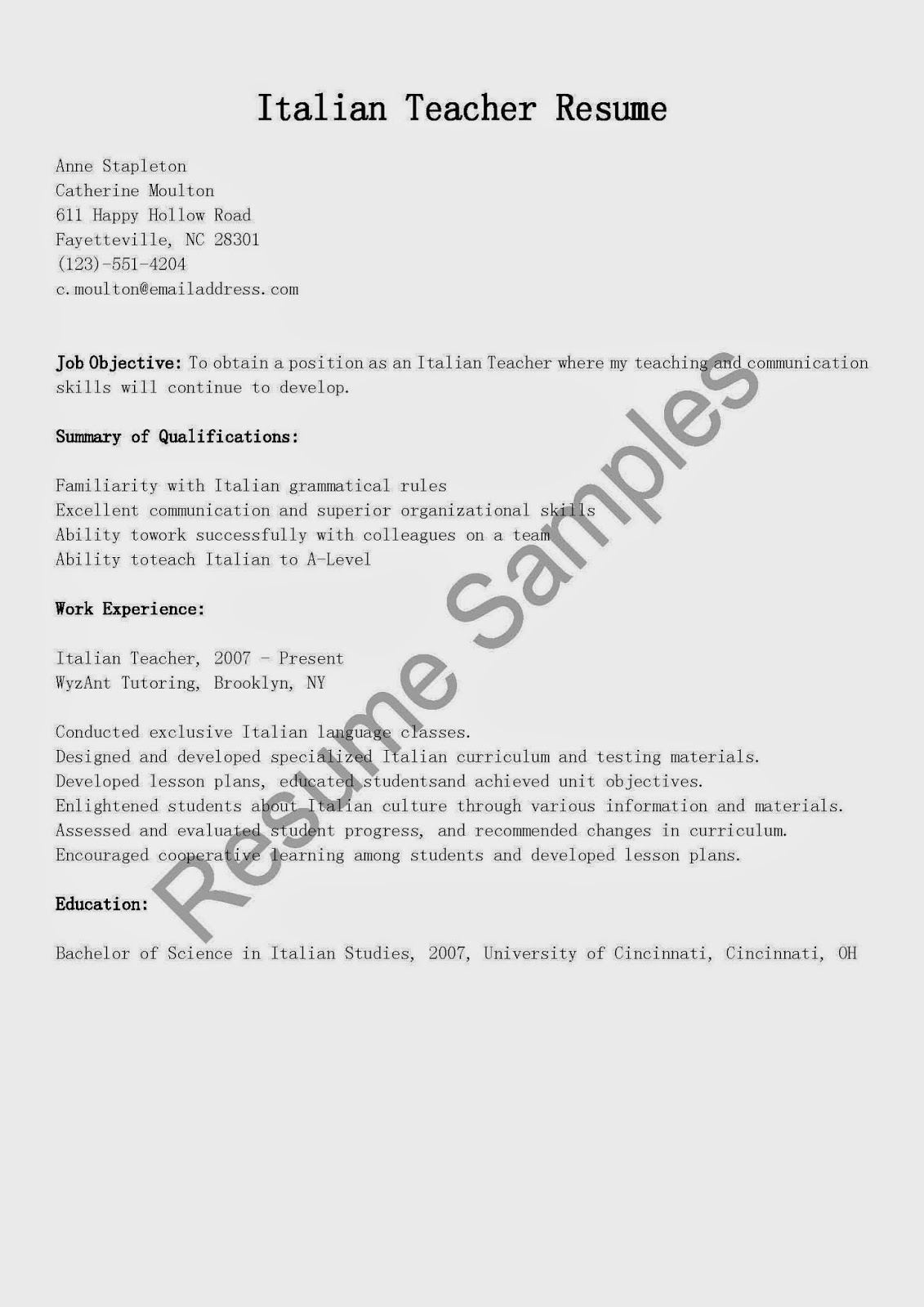 resume samples  italian teacher resume sample