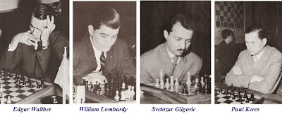 Los ajedrecistas Edgar Walther, William Lombardy, Svetozar Gligoric y Paul Keres