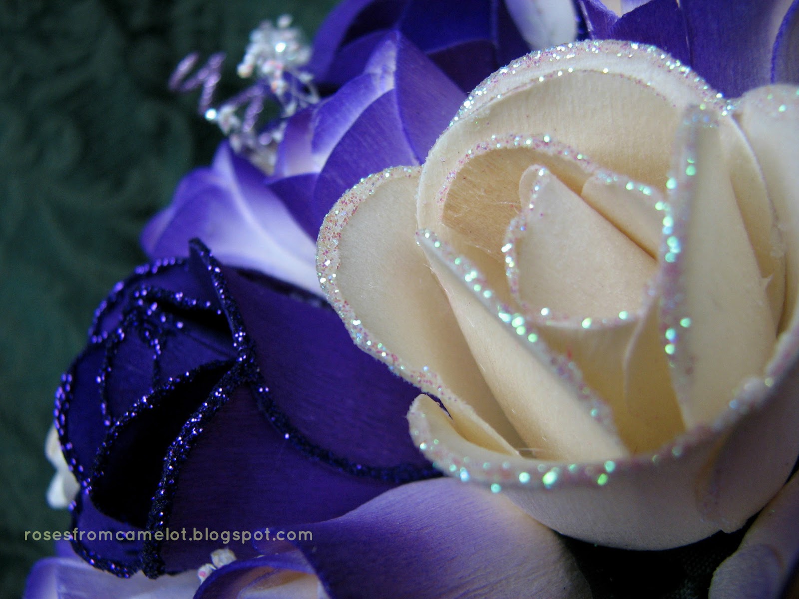 Wooden Roses from Camelot Purple and White glitter bouquet