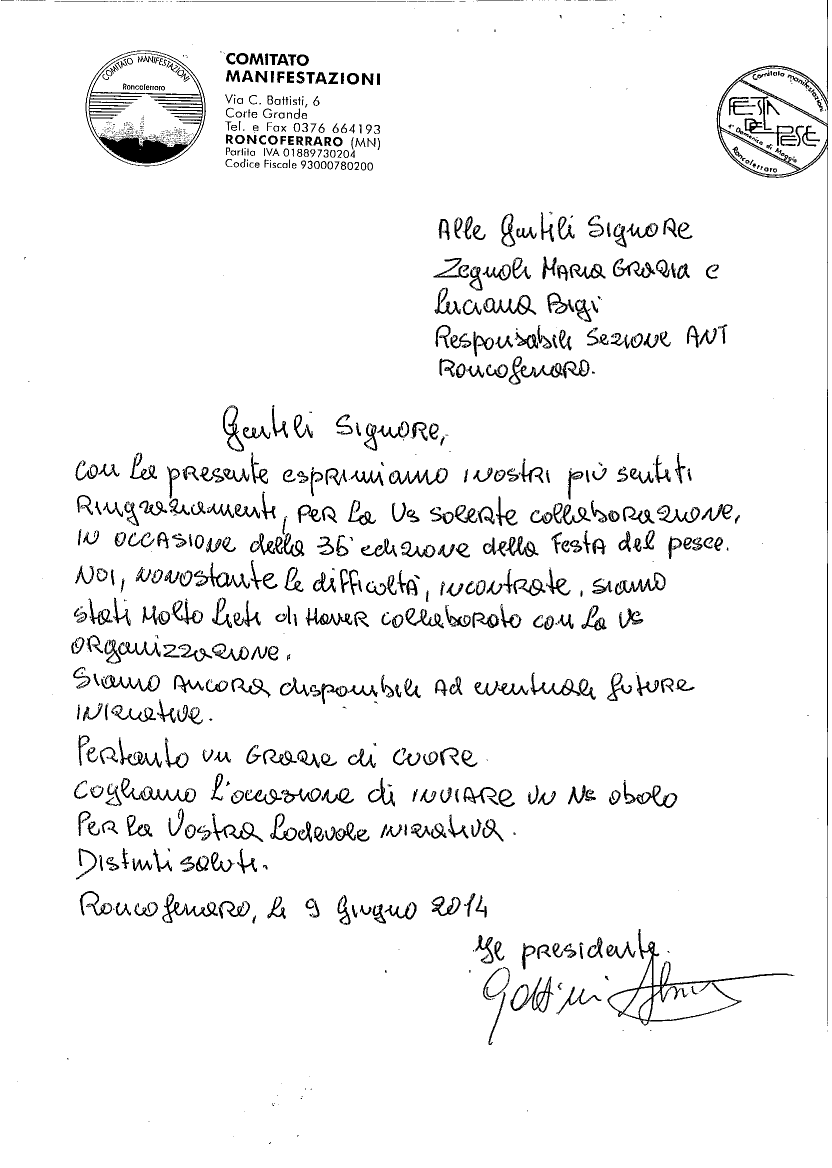comitato manifestazioni roncoferraro lettera di lettere di ringraziamento