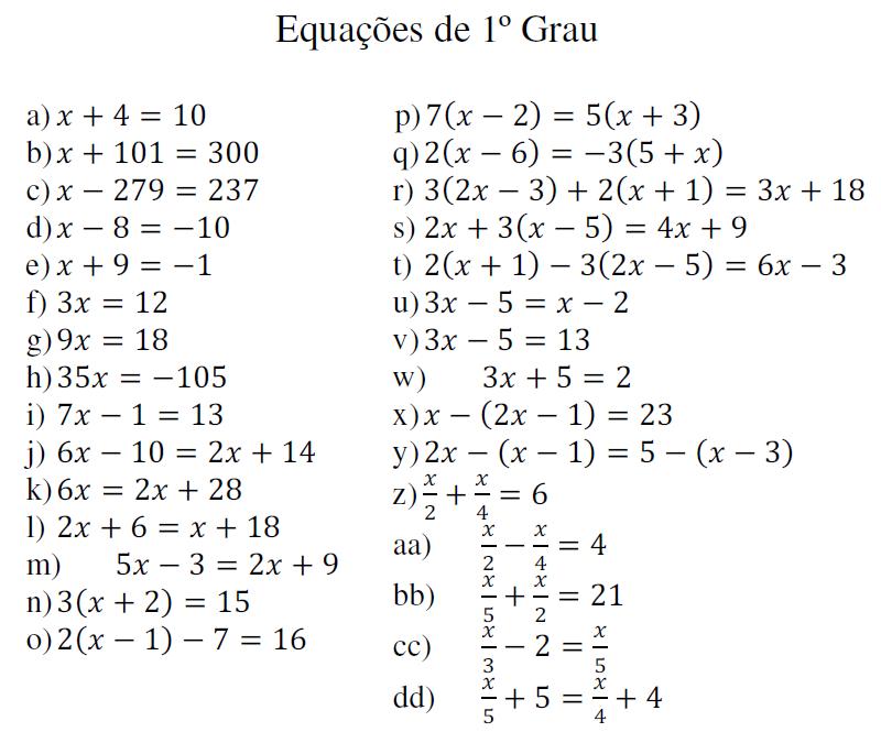 equações do primeiro grau, Exercícios Matemática