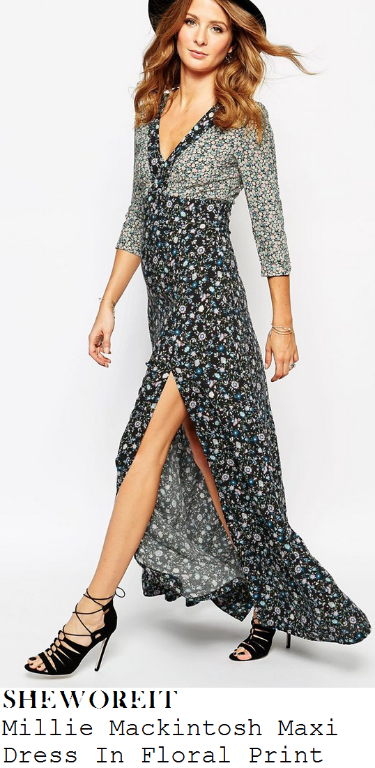 rochelle-humes-black-blue-white-grey-floral-print-maxi-dress rochelle-humes-black-blue-white-grey-floral-print-maxi-dress