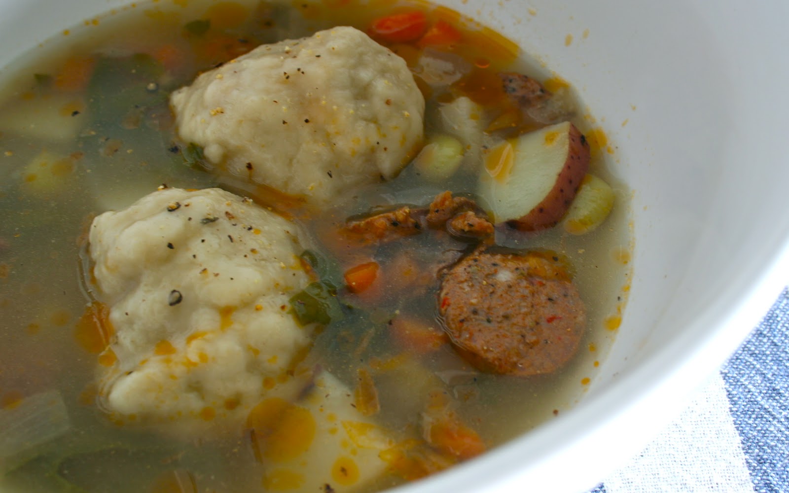 Saturdays with Maggy Sausage, Potato & Lima Bean Soup with Dumplings