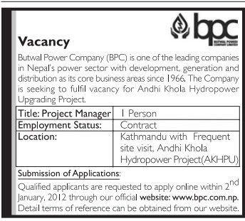 Job Vacancy - Butwal Power Company (BPC) | Jobs in Nepal