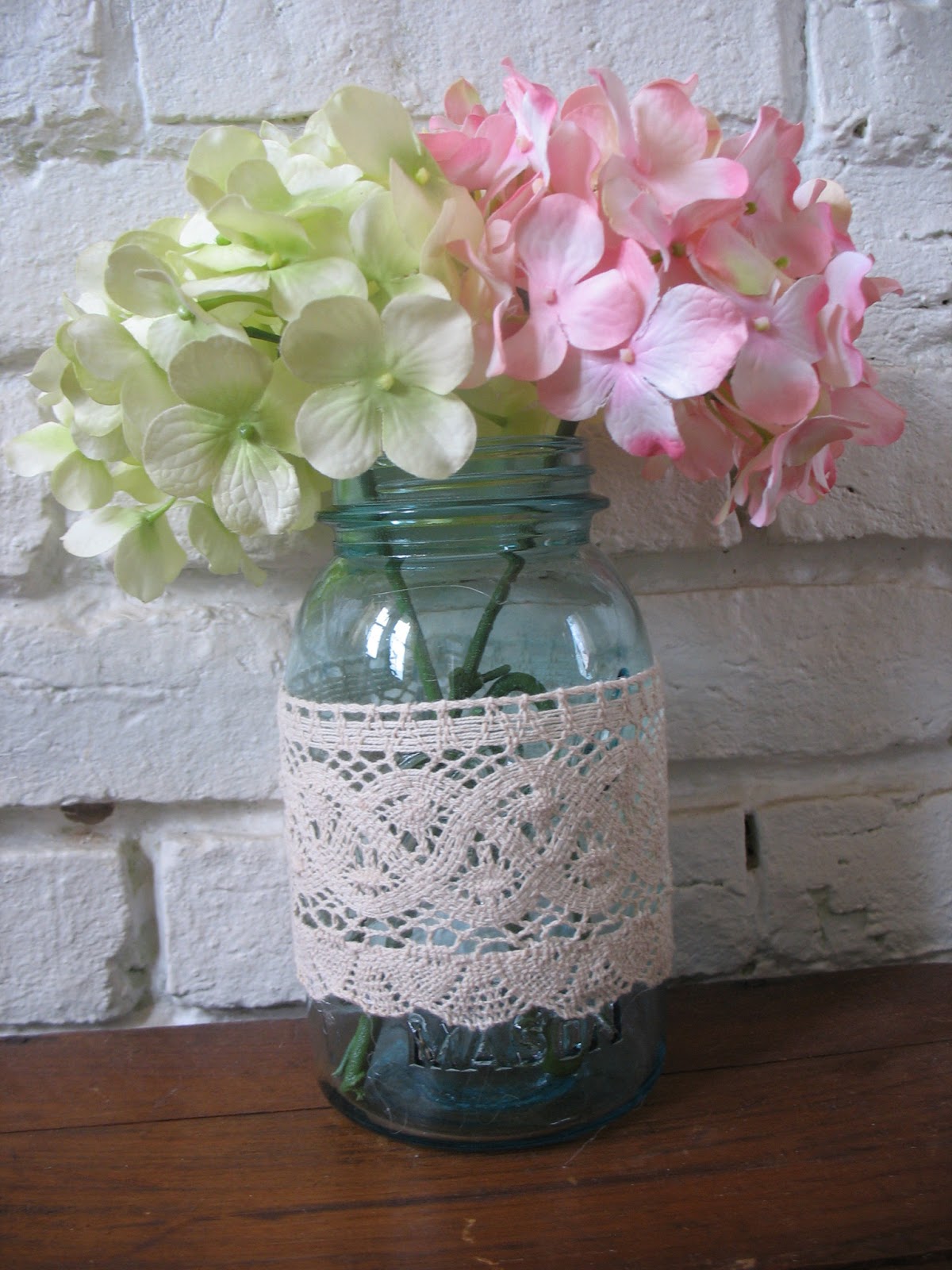 Vintage and Homemade Vintage Mason Jar Vase with Lace