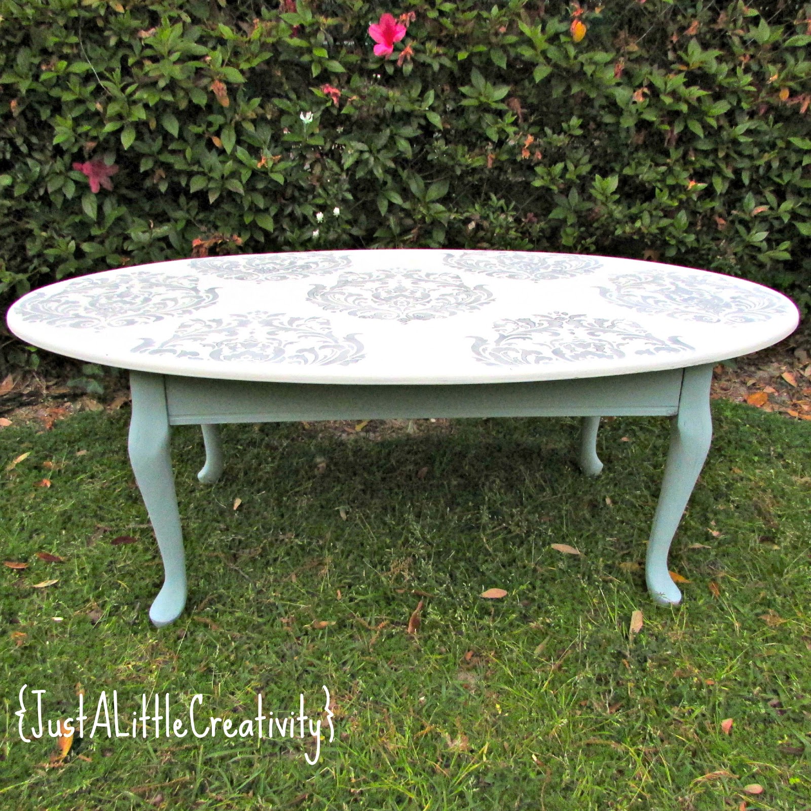 Silver Stenciled Brocade Coffee Table {PLUS a Cutting Edge Stencils