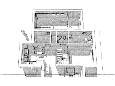 Architekt Rzeszów. Dom jednorodzinny, wizualizacja parteru, kuchnia, jadalnia, schody, gabinet, garaż.
