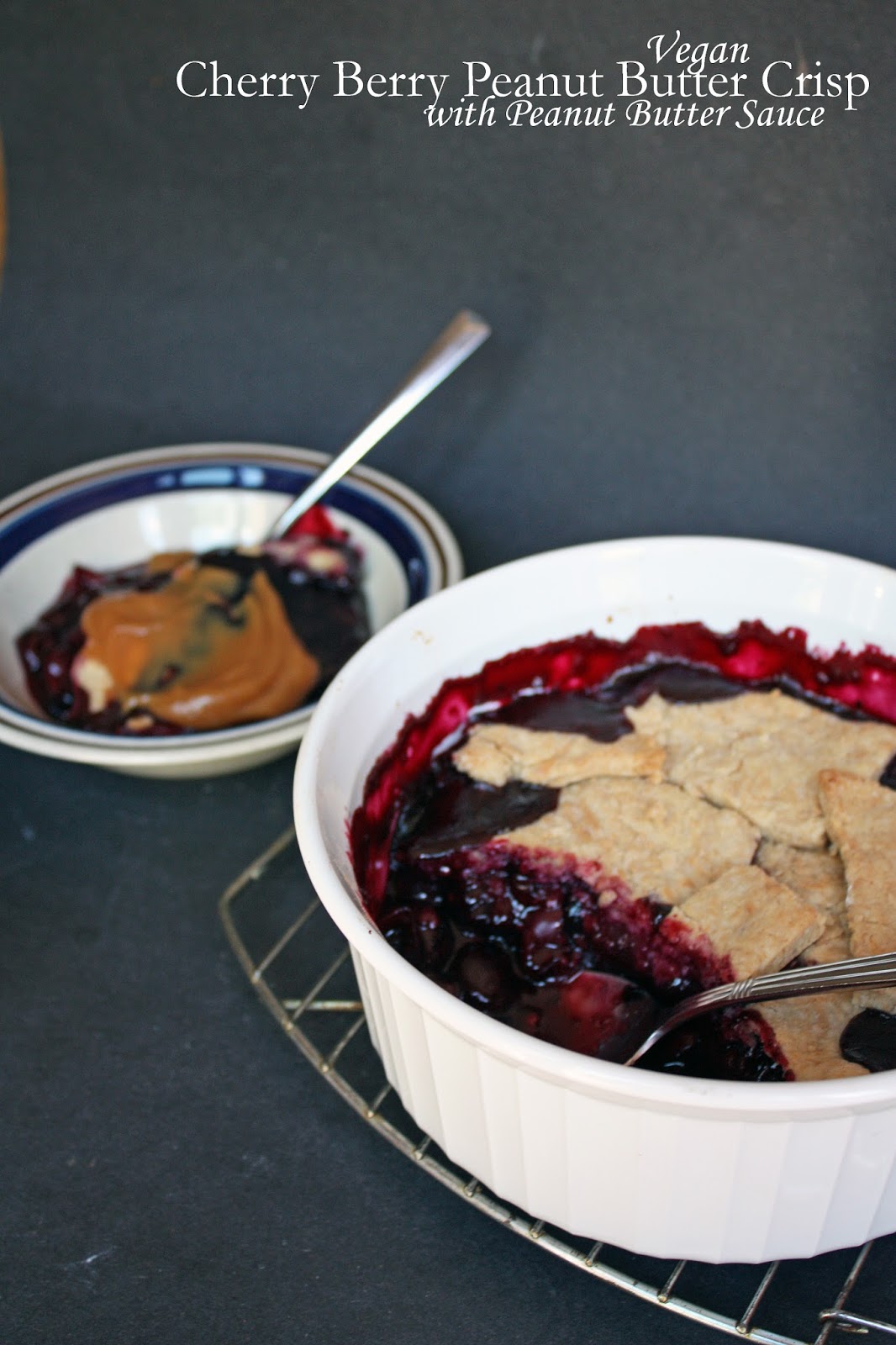 Vegan cherry berry peanut butter crisp with peanut butter sauce How to Philosophize with Cake